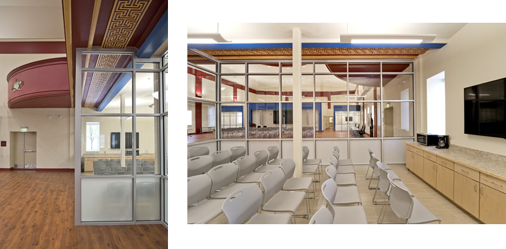 Peeks at historic details of the Belnord Theatre through modernized classrooms and space.