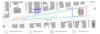 Overview of Library Square and location of Belnord Theatre